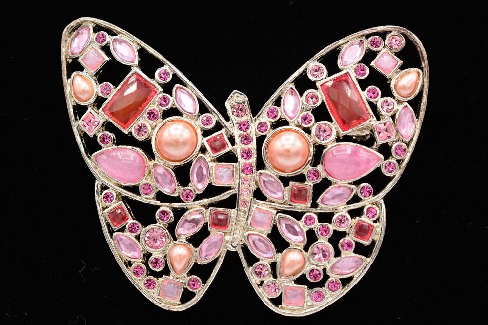 Vintage Butterfly Pin Brooch Rhinestone Crystal Cabochon Pink Chunky BinJ